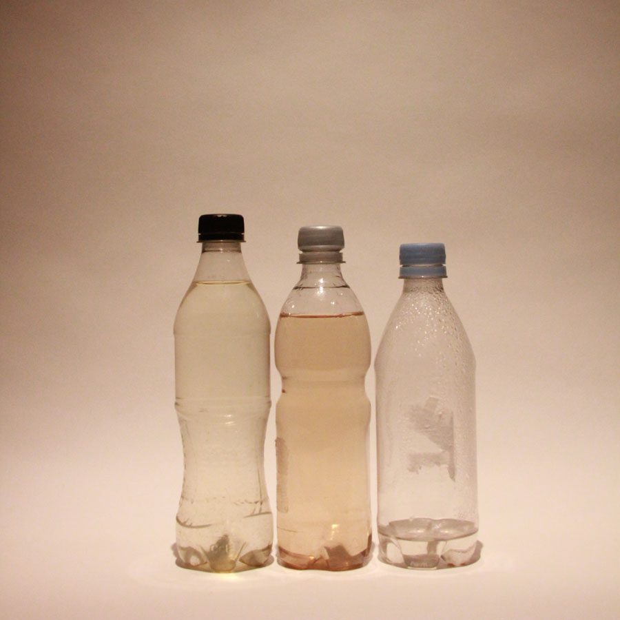Ifor Duncan & Jessica Karlsen (25/06/2014) - 3 Effra ponds. These three bottles contain waters from the ponds of Dulwich. Bel Air & Brockwell Park. (Dulwich: Cocacola Zero)(Bel Air: Silver Cup)(Brockwell: Malvern). It was hard to collect water from Brockwell, it required a shoe string and a stone - one of these should be an opaque bottle to reflect the underground river Effra.